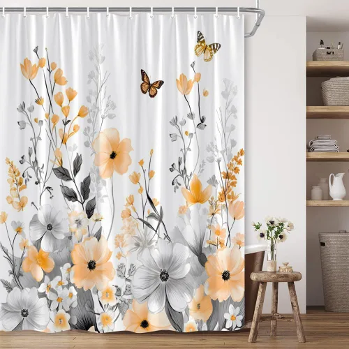 Cortina de ducha de flores naranjas, gris quemado, floral, mariposa, granja, flores silvestres, elegante, hermosa, cortina de baño con gancho