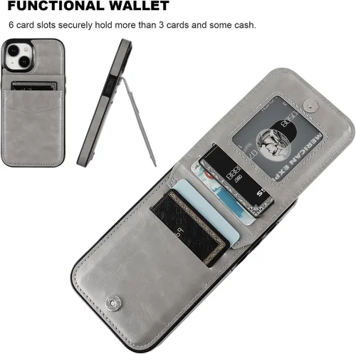 Miniatura 4 de KIHUWEY Funda compatible con iPhone 15 con soporte para tarjeta de crédito, cierre magnético de cuero de alta calidad, función atril, funda Gris