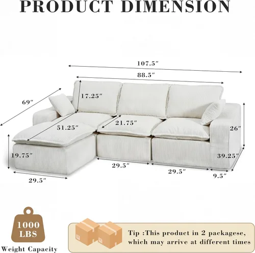 Miniatura 2 de Sofá modular sin hueso de 107 pulgadas con otomana, sofá modular de pana con asiento profundo tapizado, moderno sofá modular con tumbonas