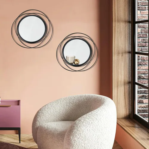 Miniatura 4 de Juego de 2 espejos circulares negros de 33.7 cm, marco de hierro, decoración de pared del hogar, espejos redondos colgantes para sala de estar
