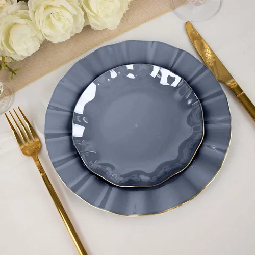 Miniatura 85 de Tableclothsfactory Paquete de 10 platos redondos de plástico negro de 6 pulgadas para ensalada de postre, platos desechables con borde ondulado