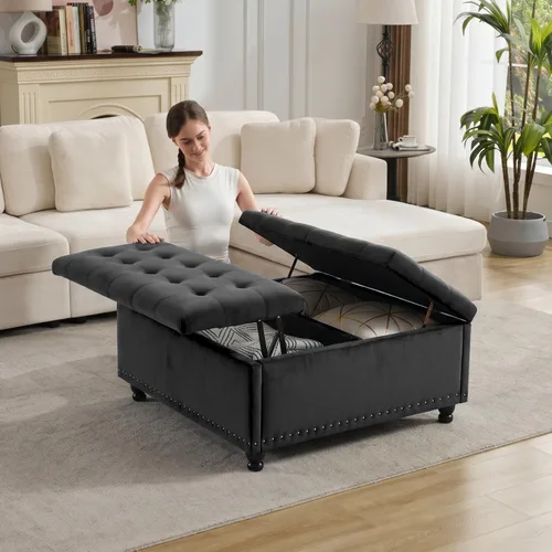 Miniatura 18 de Tbfit Banco otomano de almacenamiento cuadrado grande, mesa de centro otomana tapizada con tapa de elevación y patas de madera maciza, caja de Marrón