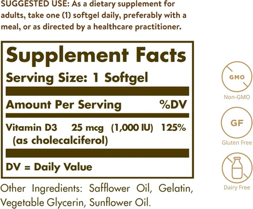 Miniatura 2 de Solgar - Vitamina D3 (colecalciferol) 25 MCG (1000 UI), 250 cápsulas blandas - Ayuda a mantener huesos y dientes sanos - Apoyo al sistema