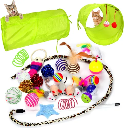 Youngever 24 juguetes para gatos juguetes surtidos, túnel de 2 vías, plumas para gatos – juguete interactivo de plumas esponjoso ratón, pelotas para