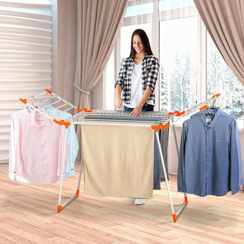 Miniatura 4 de Estante de secado de ropa, estante de lavandería Gullwing, plegable, ahorra espacio, con clips para calcetines, para ropa, toallas, ropa de cama