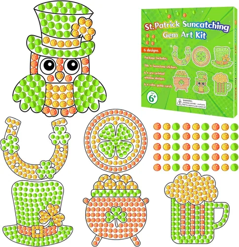 Qyeahkj 6 piezas de manualidades del día de San Patricio, sombrero de trébol, gema de diamante, atrapasoles para niños, pintura de diamantes de San