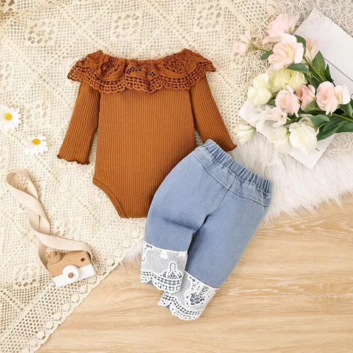 Miniatura 30 de Conjunto de ropa de bebé niña para bebé, mameluco de encaje blanco de manga larga + pantalones de mezclilla