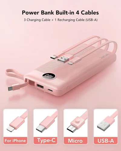 Miniatura 2 de VRURC Cargador portátil, batería de viaje compacta con 4 cables integrados de 10000 mAh, banco de carga USB C con pantalla LED, batería de viaje