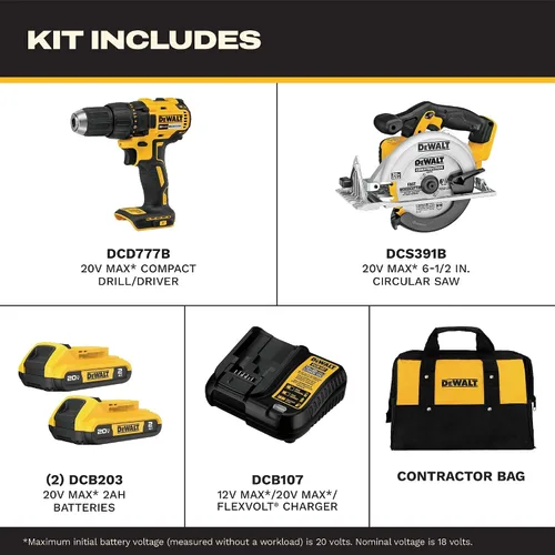 Miniatura 2 de DEWALT 20V MAX Cordless Drill Driver and Circular Saw Combo Kit with 2 x 2 Ah Batteries and Charger, Contractor Bag (DCK252D2)