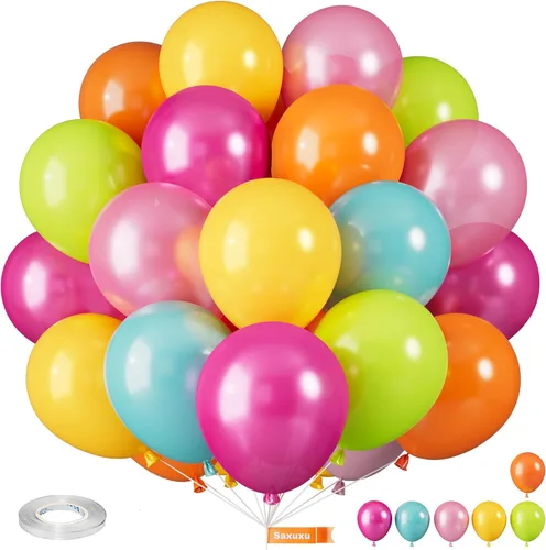Miniatura 28 de Globos Saxuxu azul, amarillo y naranja, de 12 pulgadas, globos retro azul marino, amarillo y naranja, de látex y helio para cumpleaños de niños