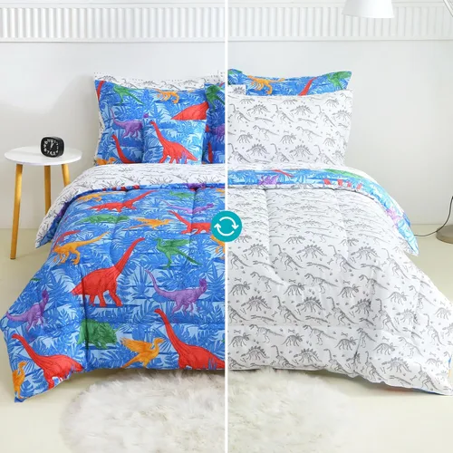 Miniatura 3 de Mooreeke Juego de edredón individual para niños de 6 piezas, juego de ropa de cama azul para adolescentes, microfibra de dinosaurio, cama para niños