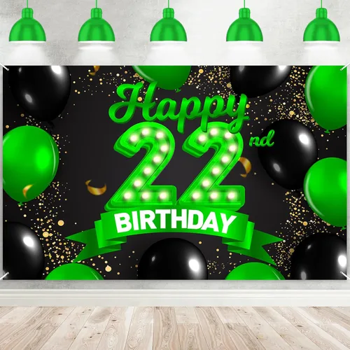 Miniatura 54 de Cartel de feliz cumpleaños 26 verde y negro, telón de fondo con texto en inglés "Cheers to 26 years old confeti", globos de confeti, decoración