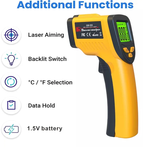 Miniatura 2 de DEASOMIYE Termómetro láser infrarrojo, pistola de termómetro láser infrarrojo digital con emisividad ajustable, pistola de temperatura de termómetro