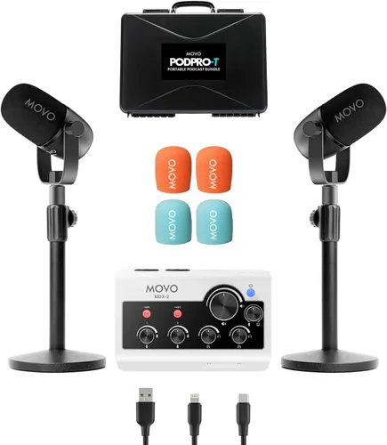 Miniatura 10 de Movo Paquete portátil de equipo de podcast para iPhone/teléfonos Android - Kit de podcast con interfaz de audio, 2 micrófonos dinámicos CastMic, 2