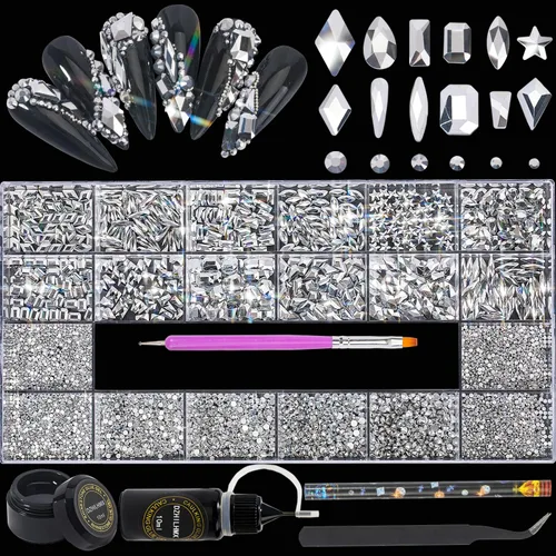 Miniatura 7 de Diamantes de imitación para uñas, 4300 unidades, oro champán, gemas de múltiples formas, diamantes de imitación de parte trasera plana, con kit