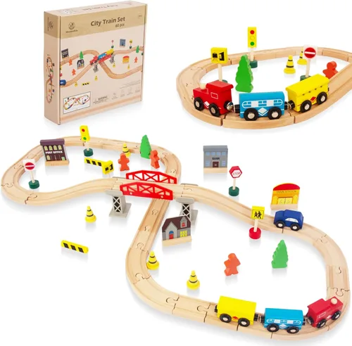 Miniatura 8 de 100 piezas de juego de tren de madera para niños de 3 años, juego de tren de doble cara con pistas, puente, estación de tren y caja de 100