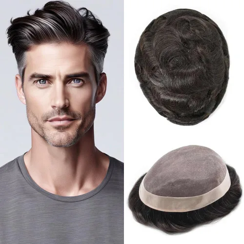Miniatura 50 de Tupé para hombre, pieza de cabello humano real, monofilamento, tupé para hombres, postizos, unidades de sistema de reemplazo de cabello, gris