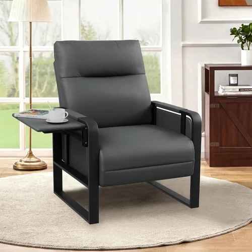 Miniatura 15 de Silla de Acento Moderna Tapizada en Cuero PU Sillón con Mesa de Bandeja para Dormitorio Sala de Estar Sillas Silla de Oficina Beige