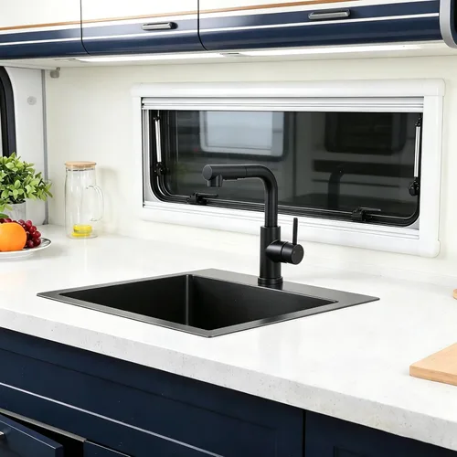 Miniatura 7 de Grifo de fregadero de barra de cocina de bajo perfil negro mate, cabezal rociador extraíble de una sola manija, grifo de preparación de agua