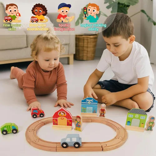 Miniatura 5 de Juego de Tren de Madera para Niños Pequeños, Vías de Madera Compatible con Thomas, Compatible con Brio, Compatible con Chuggington, Compatible