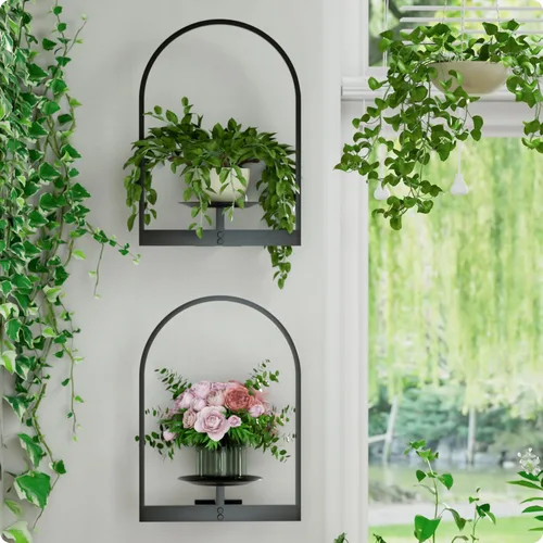 Soporte para plantas de pared de metal negro, paquete de 2 soportes para plantas montados en la pared y soportes colgantes para macetas de interior