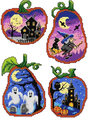 Kit de punto de cruz en lienzo de plástico con escenas de Halloween. 4 adornos encantadores de diferentes dimensiones 147CS. 14 hojas de lona de