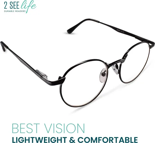 Miniatura 2 de 2SeeLife Gafas de lectura redondas con borde de alambre de metal para hombres y mujeres, ajuste medio y ancho, duraderos, bisagras de resorte, Negro