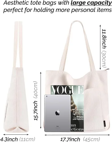 Miniatura 3 de Prite Bolsa de pana para mujer, bolsa de hombro grande con cremallera y bolsillos para la universidad, escuela, trabajo, viajes, compras