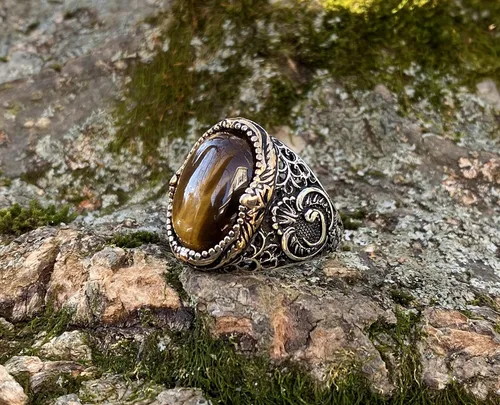 Miniatura 4 de KAR Anillo de ojo de tigre natural de plata esterlina estampada 925K I1B Piedra Ojo de tigre