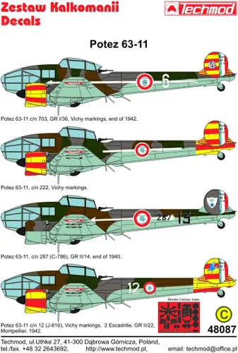 Miniatura 8 de Techmod 48087 1/48 Potez 63-11 French Fighter Wet Decal WWII w/Mask WWII