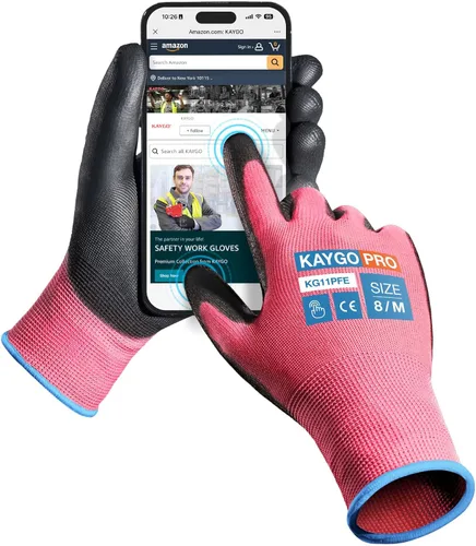 Miniatura 6 de KAYGO KG11PB - Guantes de seguridad con revestimiento delgado de poliuretano, tejido sin costuras, agarre suave en palma y dedos, para trabajo Verde
