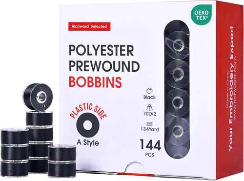 Poolin Bobinas preenrolladas Richword Selected 144 piezas (clase 15) tamaño A de plástico, 70D/2 (60WT) hilo de bobina de poliéster para máquina de