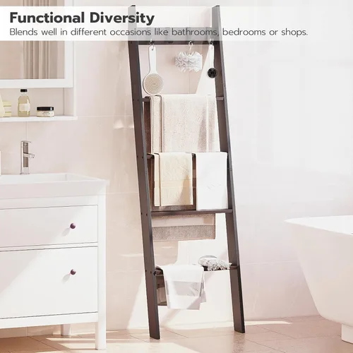 Miniatura 6 de HOOBRO Escalera para toallas para sala de estar y dormitorio, estante decorativo en forma de escalera de 5 niveles para pared y baño, con 4 ganchos