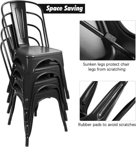 Miniatura 6 de Flamaker Sillas de comedor de metal para uso en interiores y exteriores, sillas laterales apilables con respaldo para cocina industrial, sillas Negro