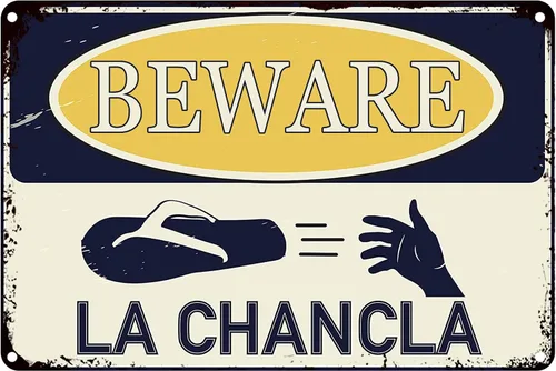 Beware Of La Chancla - Cartel de lata divertido de 12 x 8 pulgadas, latino hispano, latino, latino, latino, latino, decoración del hogar, bodega