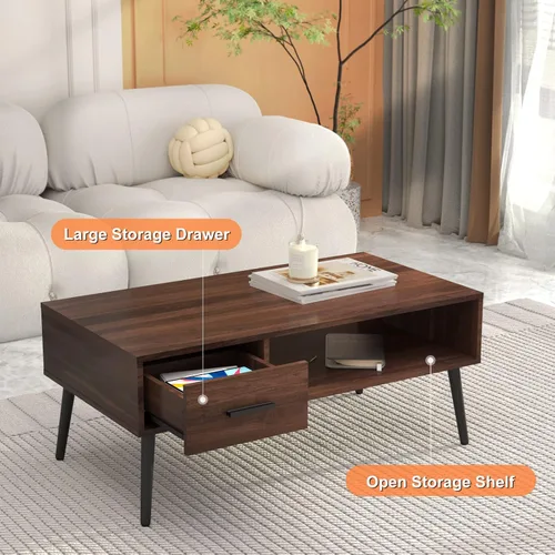 Miniatura 5 de HAIOOU - Mesa de centro de mediados de siglo moderna, mesa de café para sala de estar con almacenamiento, mesa de té de nogal con cajón, estante