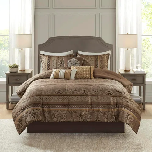 Madison Park Bellagio - Juego de edredón acogedor, lujoso diseño tradicional de damasco jaquard, ropa de cama alternativa para todas las estaciones