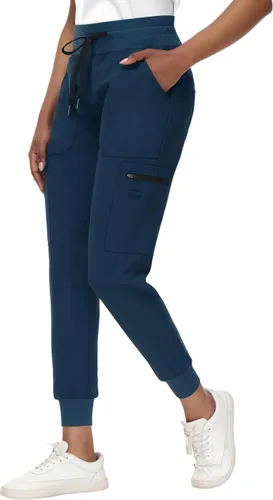 Pantalones médicos para mujer con 8 bolsillos, de punto acanalado, cintura media, ajuste delgado, estilo deportivo