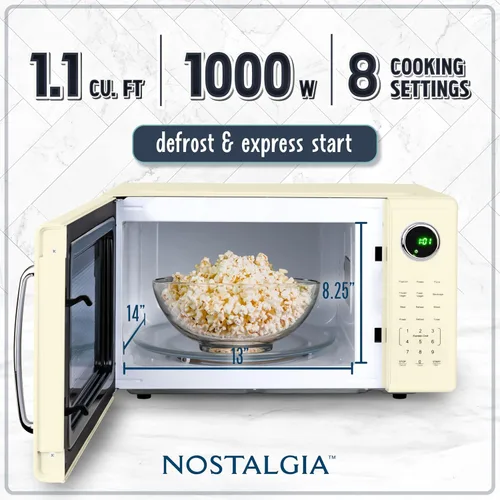 Miniatura 2 de Nostalgia Horno microondas retro de 1000 W, capacidad de 1.1 pies cúbicos, bloqueo de seguridad para niños, 8 ajustes de cocción automática, aparato