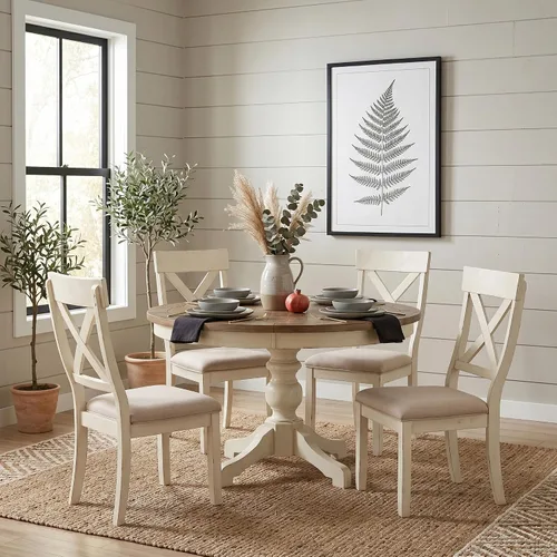 Miniatura 10 de Roundhill Furniture Prato - Juego de mesa de comedor redonda de 5 piezas con sillas de respaldo cruzado, color azul antiguo y nogal envejecido