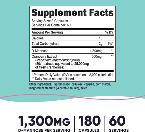 Miniatura 2 de Nutricost D-manosa con extracto de arándano para mujeres, 180 cápsulas para 60 porciones por botella, vegano, sin OMG y sin gluten