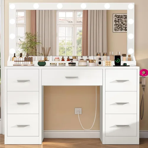 Miniatura 13 de FIONESO Escritorio grande con espejo y luces, tocador de maquillaje con 11 cajones y 6 estantes abiertos, 3 modos de iluminación, brillo ajustable