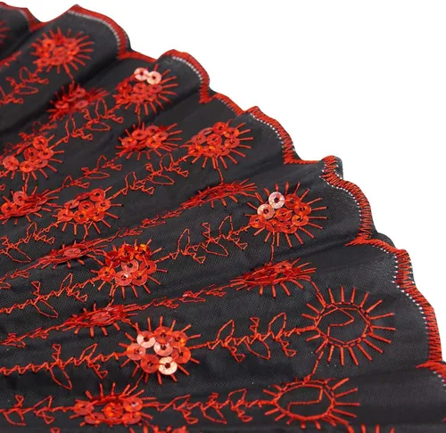 Miniatura 4 de InnoLife Elegante abanico de mano plegable con flores bordadas y patrón de pavo real con lentejuelas en tela artesanal (5 piezas, rojo)