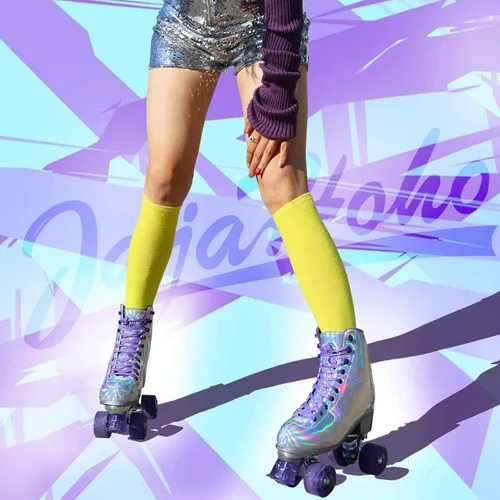 Miniatura 7 de JajaHoho Patines de ruedas para mujeres, piel sintética holográfica de alta calidad, patines brillantes de doble fila de cuatro ruedas para niñas