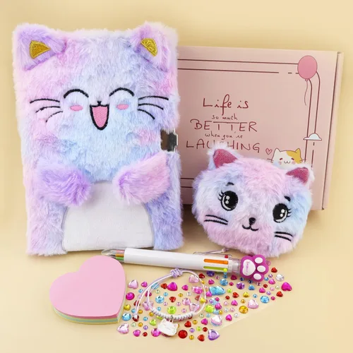 Miniatura 3 de PJDRLLC Diario de gato con cerradura, regalo para niñas de 6, 7 y 8 años, diario secreto con monedero, bolígrafo multicolor, nota post-it