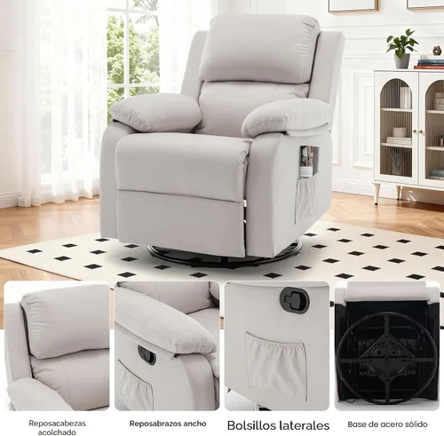 Miniatura 8 de Korser Silla reclinable, silla mecedora giratoria 360 grados para adultos, mecedora pequeña para espacios pequeños, tapizada de tela, reclinable