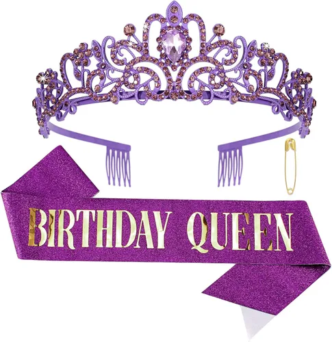 CIEHER Kit de banda de cumpleaños púrpura y corona de reina, decoraciones, tiara para mujeres y niñas, corona de cumpleaños y banda