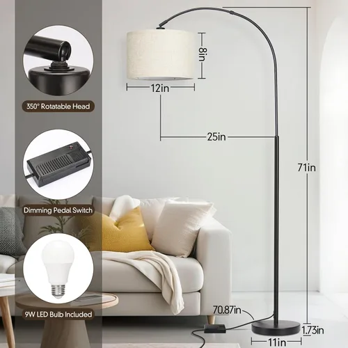 Miniatura 2 de Lámpara de pie regulable, lámpara de pie de arco con atenuador, lámpara de pie negra con pantalla colgante ajustable, luz de lectura alta sobre