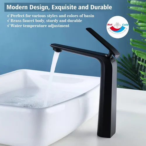 Miniatura 3 de TOCALOCA Grifo de baño negro alto para lavabo de baño, grifo de lavabo de baño negro mate, manija única 1 agujero mezclador de agua fría y caliente