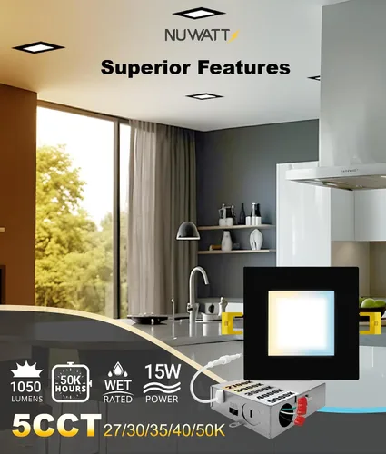 Miniatura 3 de NUWATT Paquete de 6 luces LED empotrables cuadradas ultrafinas de 6 pulgadas, seleccionables 2700 K/3000 K/3500 K/4000 K/5000 K, alto brillo 1050